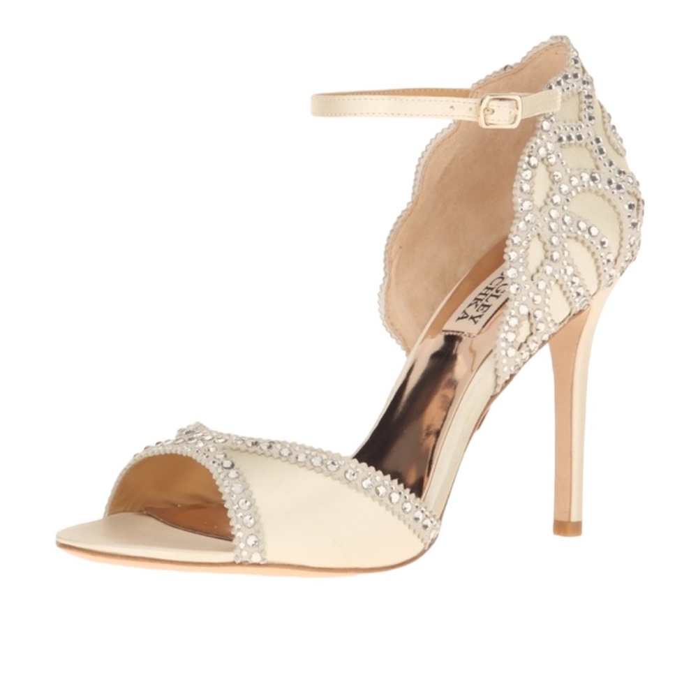 Badgley Mischka Roxy Ivory Satin Open Toe Ankle Strap Heels Size 9 Reg. $235